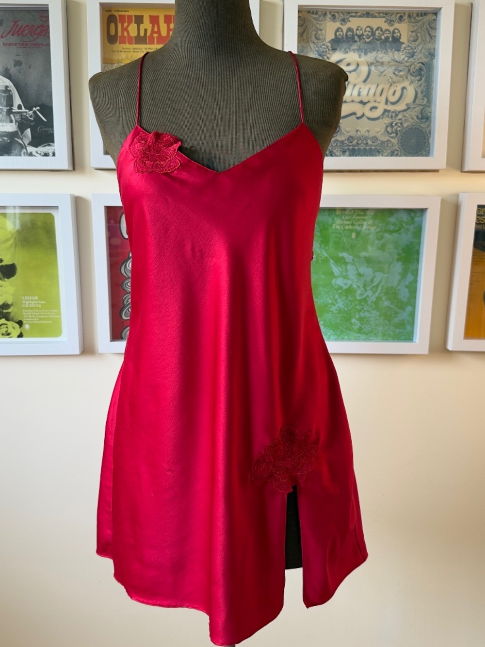 Vintage Y2K Ruby Red Satin Slip Dress | Floral Appliqué Mini Slip | Open Back
